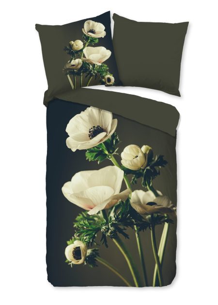 Good Morning Dekbedovertrek "witte bloemen" - Groen - (135x200 cm) - Katoen