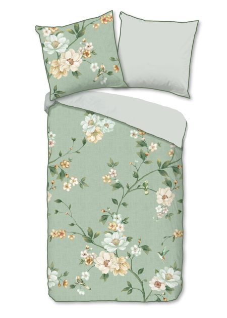 Descanso Dekbedovertrek "bloemen" - Groen - (135x200 cm) - Katoen Satijn