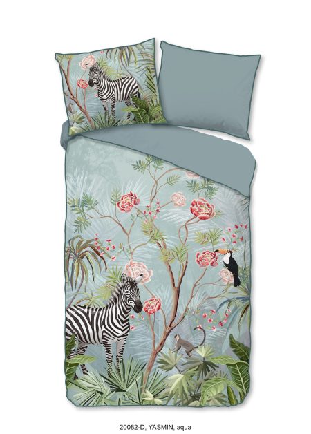 Descanso Dekbedovertrek "jungle print" - Aqua - (140x200/220 cm) - Biologisch Katoen satijn
