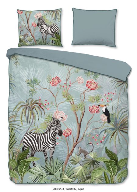 Descanso Dekbedovertrek "jungle print" - Aqua - (200x200/220 cm) - Biologisch Katoen satijn