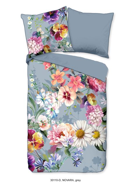 Descanso Dekbedovertrek "bloemen" - Grijs - (135x200 cm) - Biologisch Katoen satijn