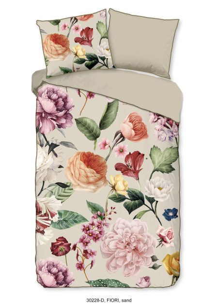 Descanso Dekbedovertrek "bloemen" - Zand - (140x200/220 cm) - Biologisch Katoen satijn