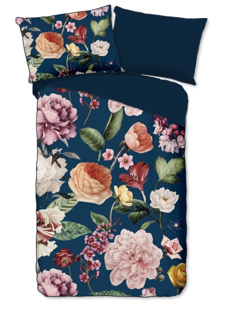 Descanso Dekbedovertrek "bloemen" - Blauw - (135x200 cm) - Biologisch Katoen satijn