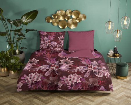 Descanso Dekbedovertrek "bloemen" - Bordeaux - (135x200 cm) - Biologisch Katoen satijn