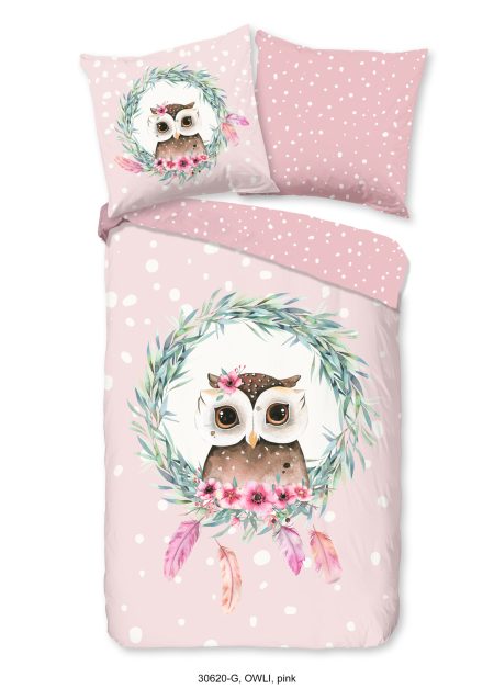Good Morning Kinderdekbedovertrek "uil en veren" - Roze - (135x200 cm) - Katoen