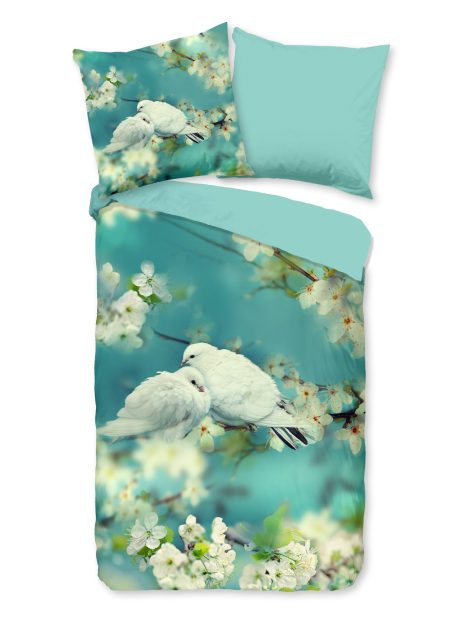 Good Morning Dekbedovertrek "witte duiven" - Aqua - (135x200 cm) - Katoen