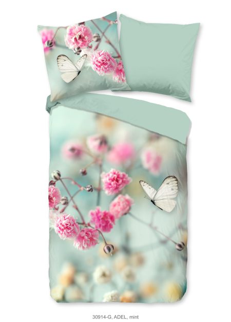 Good Morning Dekbedovertrek "bloemen en vlinders" - Mint - (135x200 cm) - Katoen