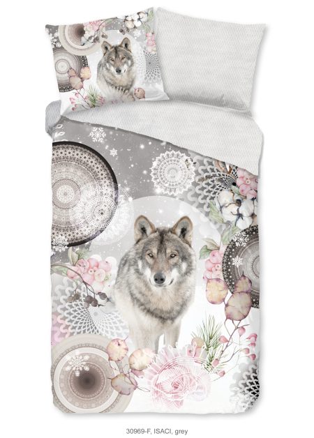 HIP Dekbedovertrek "mandala's met wolf" - Grijs - (140x200/220 cm) - Katoen Flanel