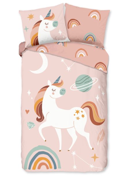 Good Morning Kinderdekbedovertrek "eenhoorn, planeten en regenboog" - Roze - (140x200/220 cm) - Katoen Flanel
