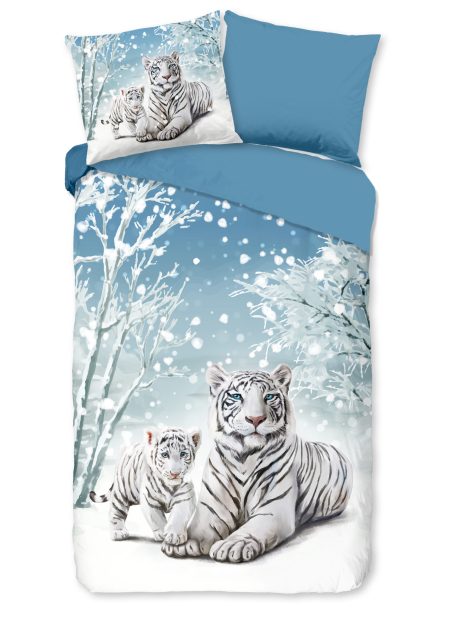Good Morning Kinderdekbedovertrek "witte tijger in winterthema" - Blauw - (140x200/220 cm) - Katoen Flanel