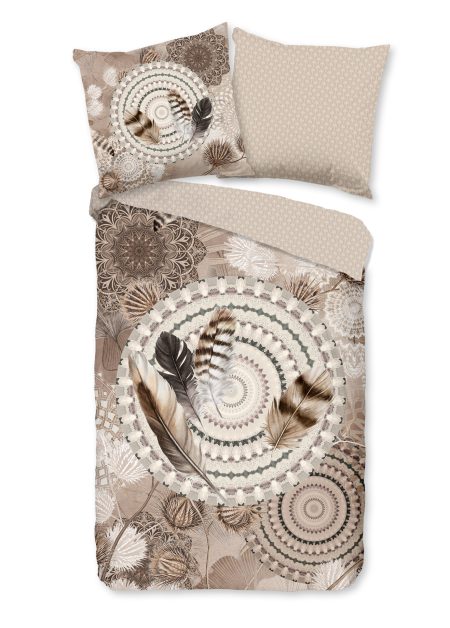 HIP Dekbedovertrek "mandala's en veren" - Taupe - (135x200 cm) - Katoen Flanel
