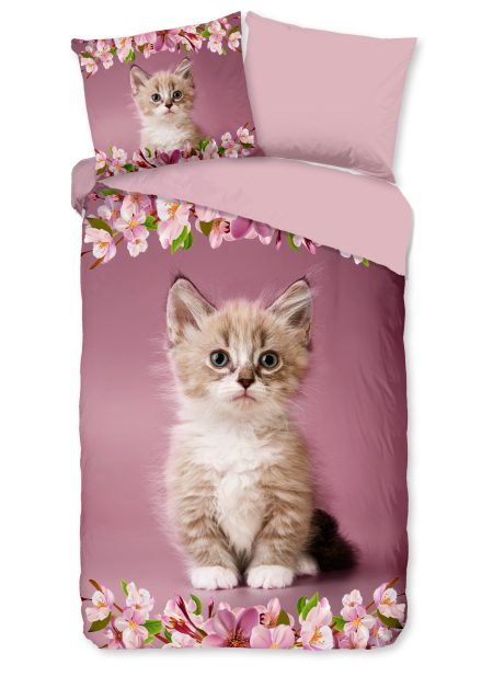 Good Morning Kinderdekbedovertrek "kitten poes met bloemen" - Roze - (140x200/220 cm) - Katoen