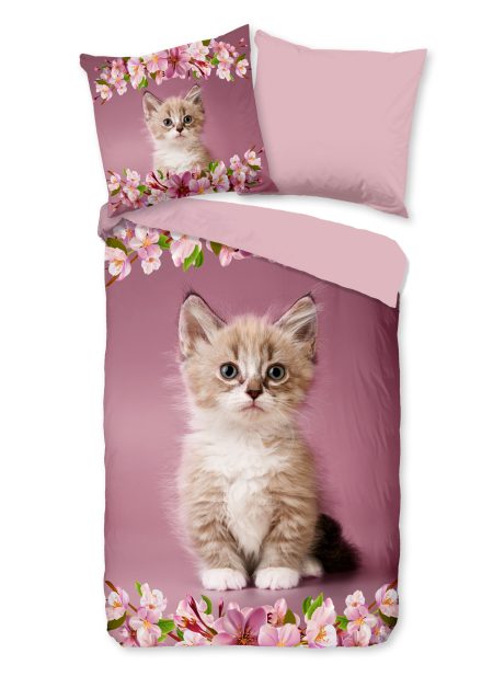 Good Morning Kinderdekbedovertrek "kitten poes met bloemen" - Roze - (135x200 cm) - Katoen