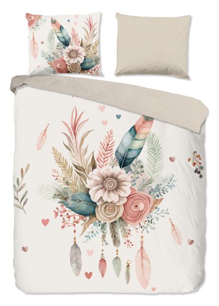 Good Morning Dekbedovertrek "bloemen en veren" - Ecru - (240x200/220 cm) - Katoen