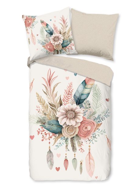 Good Morning Dekbedovertrek "bloemen en veren" - Ecru - (135x200 cm) - Katoen