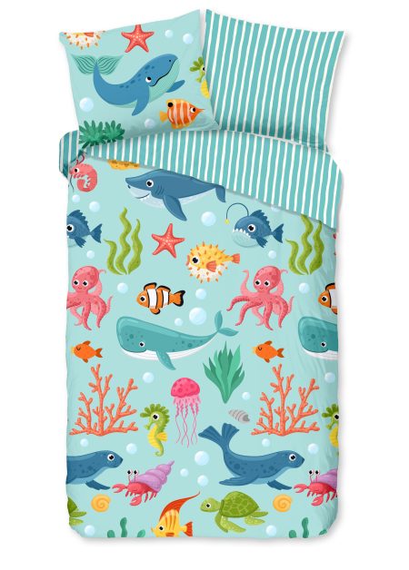 Good Morning Kinderdekbedovertrek "zeedieren" - Aqua - (140x200/220 cm) - Katoen