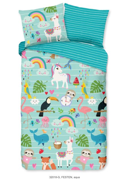 Good Morning Kinderdekbedovertrek "dieren en regenbogen" - Aqua - (140x200/220 cm) - Katoen