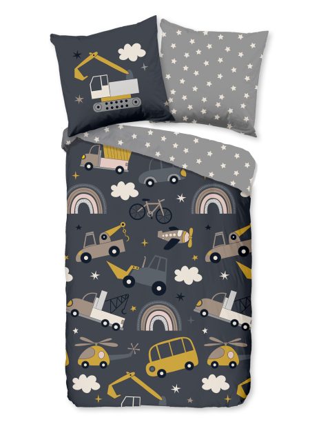 Good Morning Kinderdekbedovertrek "Werkvoertuigen" - Grijs - (135x200 cm) - Katoen
