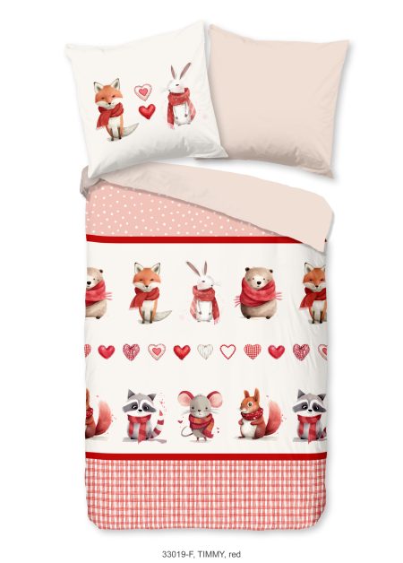Good Morning Kinderdekbedovertrek "dieren met sjaal" - Rood - (135x200 cm) - Katoen Flanel