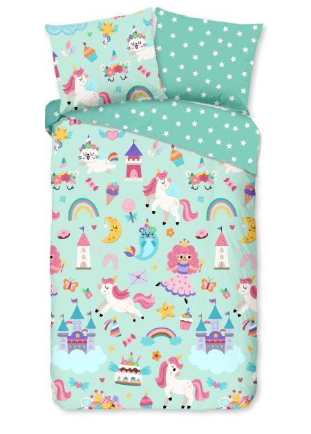Good Morning Kinderdekbedovertrek "eenhoorn, prinses, regenboog" - Mint - (140x200/220 cm) - Katoen