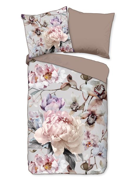 Descanso Dekbedovertrek "bloemen" - Grijs - (135x200 cm) - Katoen Satijn