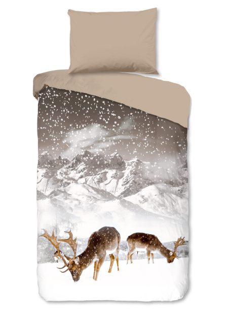 Good Morning Dekbedovertrek "herten in winterlandschap" - Zand - (140x200 cm) - Katoen Flanel