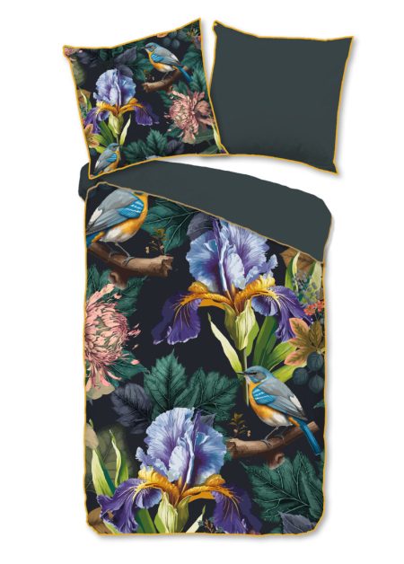 Descanso Dekbedovertrek "bloemen en vogels" - Antraciet - (135x200 cm) - Katoen Satijn