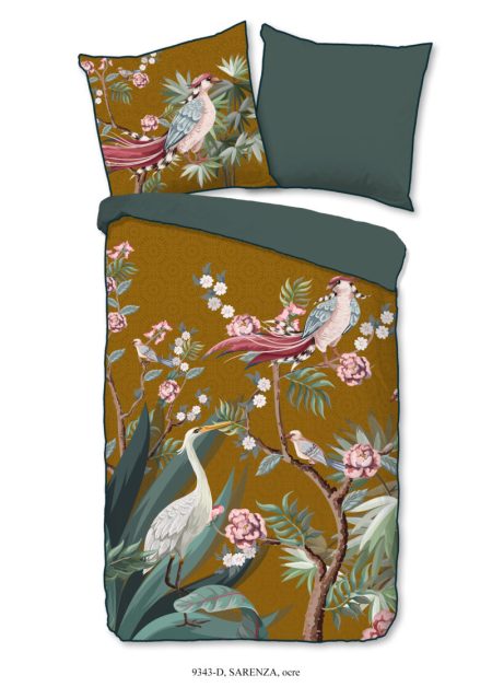 Descanso Dekbedovertrek "kraanvogel met bloemen" - Oker - (135x200 cm) - Biologisch Katoen satijn
