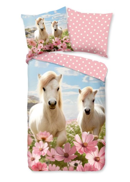 Good Morning Kinderdekbedovertrek "witte paarden met bloemen" - Roze - (135x200 cm) - Katoen