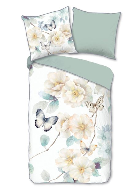 Descanso Dekbedovertrek "bloemen en vlinders" - Wit - (155x220 cm) - Katoen Satijn