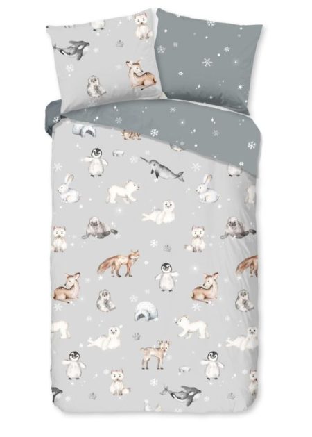Good Morning Kinderdekbedovertrek "dieren in winterthema" - Grijs - (135x200 cm) - Katoen Flanel