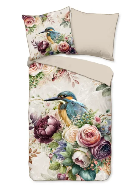 Descanso Dekbedovertrek "bloemen en vogels" - Zand - (155x220 cm) - Katoen Satijn