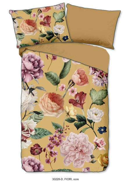 Descanso Dekbedovertrek "bloemen" - Oker - (140x200 cm) - Biologisch Katoen satijn