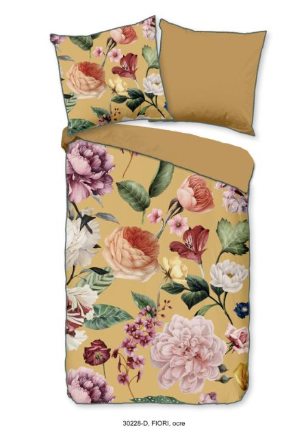 Descanso Dekbedovertrek "bloemen" - Oker - (155x220 cm) - Biologisch Katoen satijn