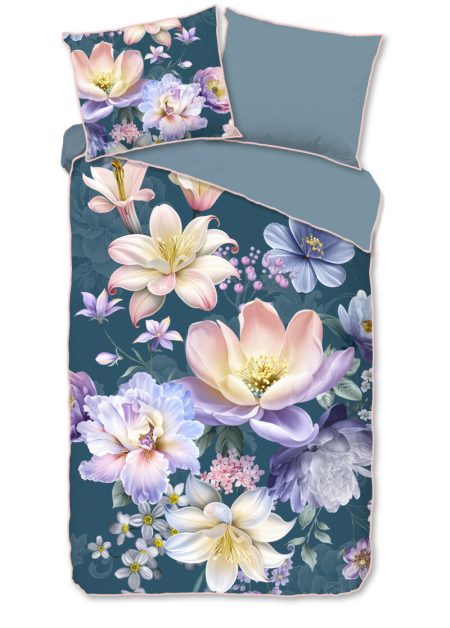Descanso Dekbedovertrek "bloemen" - Petrol - (140x200/220 cm) - Katoen Satijn