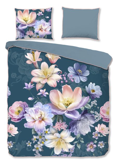 Descanso Dekbedovertrek "bloemen" - Petrol - (200x200/220 cm) - Katoen Satijn