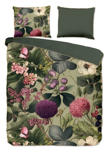 Descanso Dekbedovertrek "bloemen & bladeren" - Groen - (200x200/220 cm) - Katoen Satijn