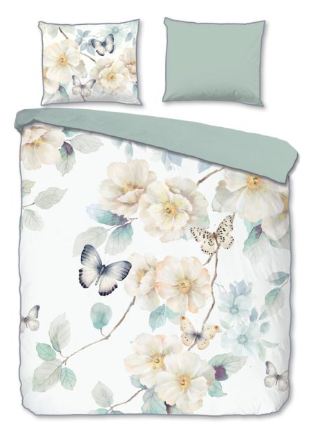 Descanso Dekbedovertrek "bloemen en vlinders" - Wit - (200x200/220 cm) - Katoen Satijn