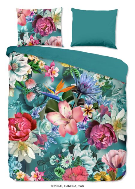 Good Morning Dekbedovertrek "bloemen" - Petrol - (200x200/220 cm) - Katoen