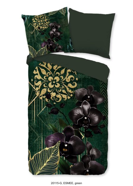 Good Morning Dekbedovertrek "orchideeen en gouden elementen" - Groen - (200x200 cm) - Katoen