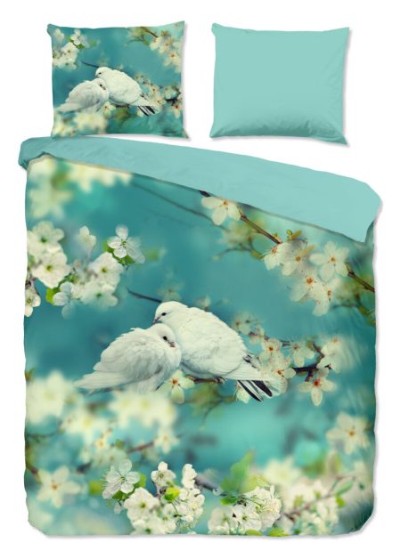 Good Morning Dekbedovertrek "witte duiven" - Aqua - (200x200/220 cm) - Katoen