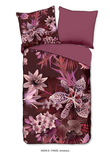 Descanso Dekbedovertrek "bloemen" - Bordeaux - (135x200 cm) - Biologisch Katoen satijn