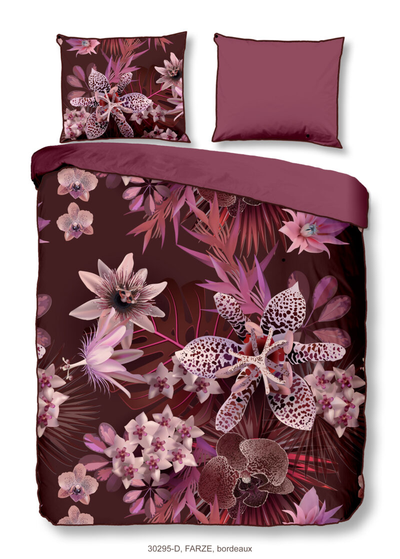 Descanso Dekbedovertrek "bloemen" - Bordeaux - (140x200/220 cm) - Biologisch Katoen satijn