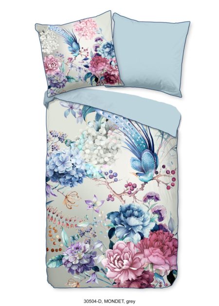 Descanso Dekbedovertrek "bloemen" - Grijs - (155x220 cm) - Biologisch Katoen satijn