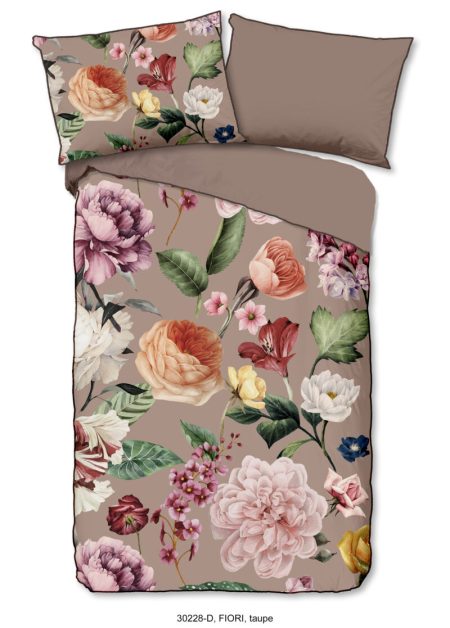 Descanso Dekbedovertrek "bloemen" - Taupe - (140x200 cm) - Biologisch Katoen satijn