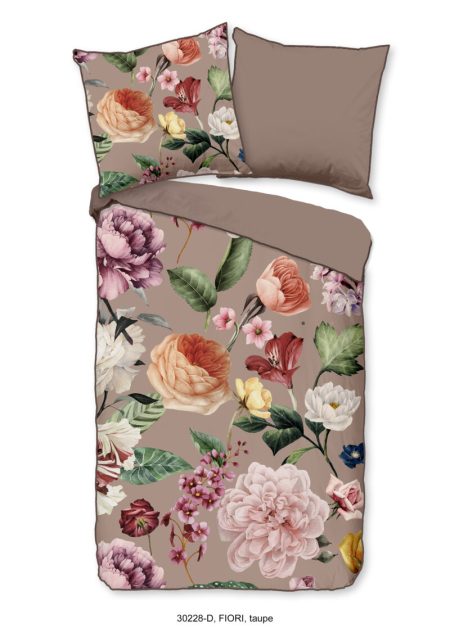 Descanso Dekbedovertrek "bloemen" - Taupe - (155x220 cm) - Biologisch Katoen satijn