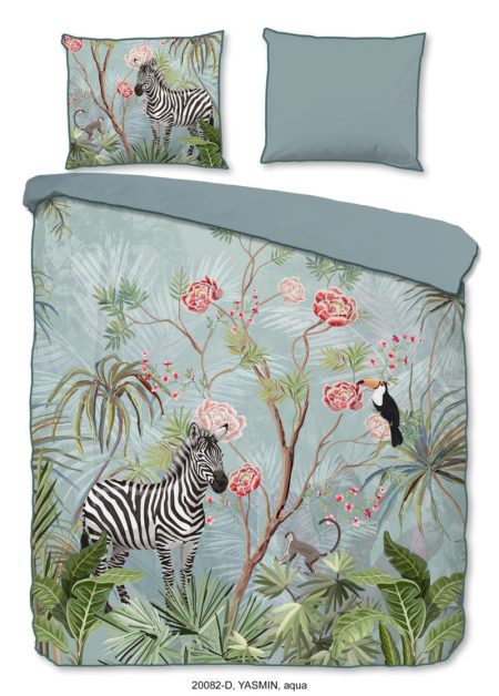 Descanso Dekbedovertrek "jungle print" - Aqua - (200x200/220 cm) - Biologisch Katoen satijn