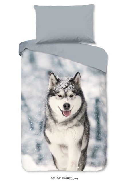 Good Morning Dekbedovertrek "husky hond" - Grijs - (140x200 cm) - Katoen Flanel