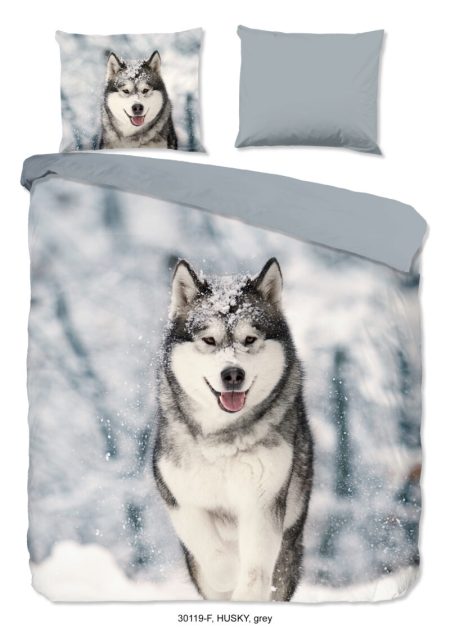 Good Morning Dekbedovertrek "husky hond" - Grijs - (140x200/220 cm) - Katoen Flanel