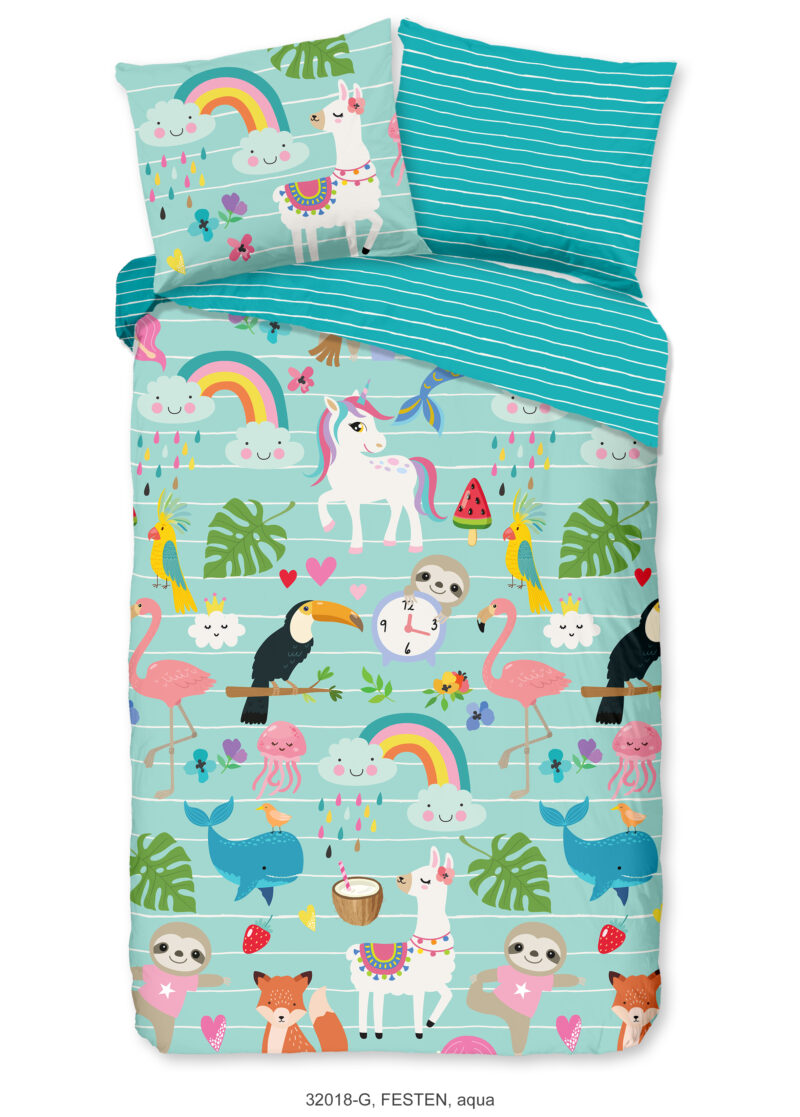 Good Morning Kinderdekbedovertrek "dieren en regenbogen" - Aqua - (140x200/220 cm) - Katoen